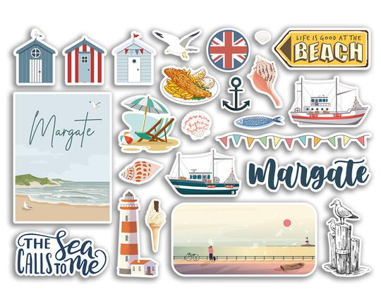 A5 Sticker Sheet Margate Vinyl Stickers - Beach Seaside British England Coast Ocean Sea Boat Flag Travel Holiday Scrapbook Aesthetic #79085