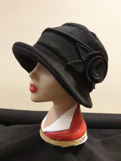 Black Fleece Hat Lined With Polar Fleece-Downton Abbey Hat-Womens Winter Hat-1930's-Vintage Hat-Ladies