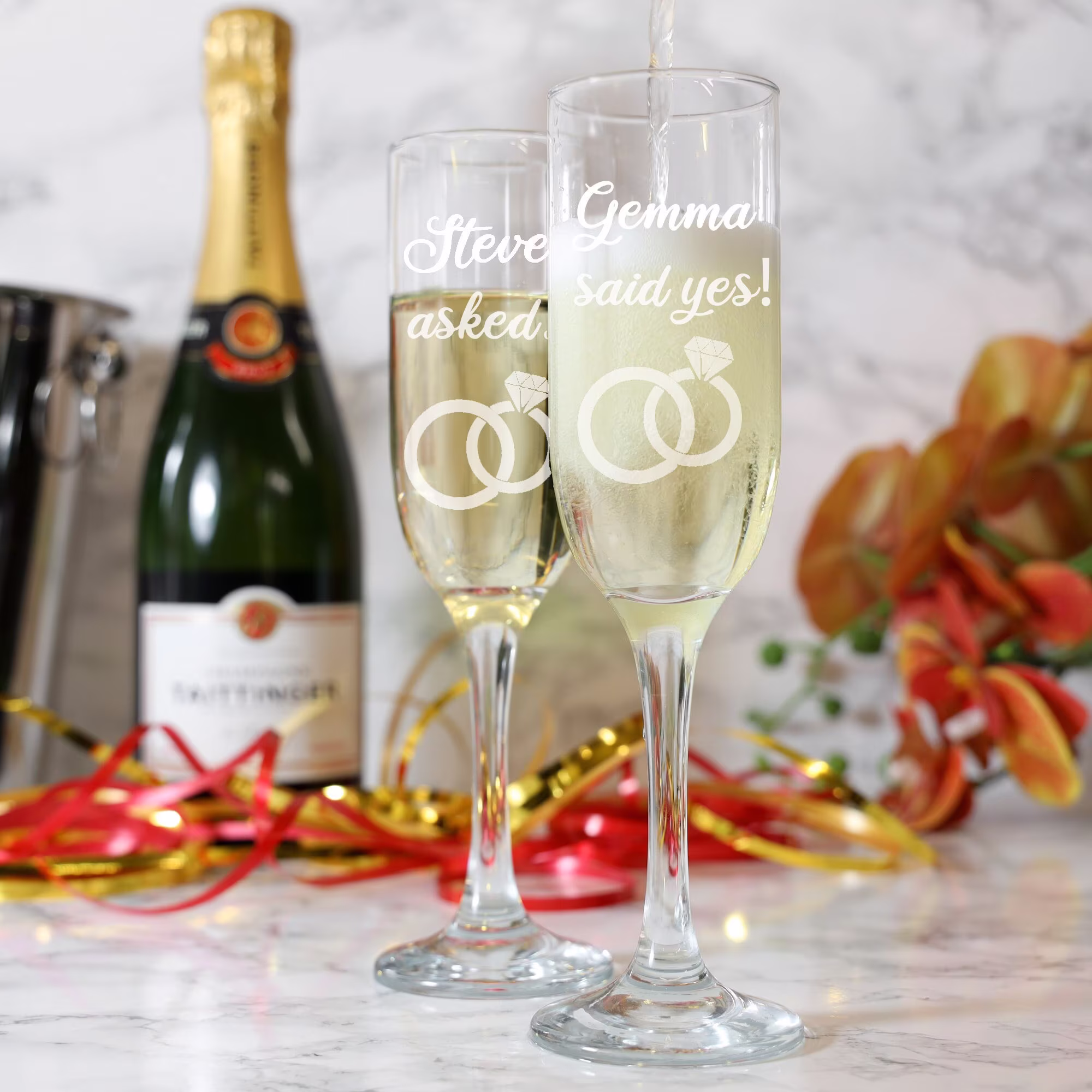 Personalised Engraved Engagement Champagne Flute Glass Set | Proposal Asked Said Yes Gift Gifts Engaged Couple