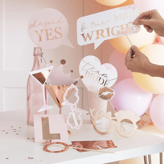 10 Custom Rose Gold Hen Party Photo Props, Team Bride Booth Bachelorette Party, Bridal Shower, Games