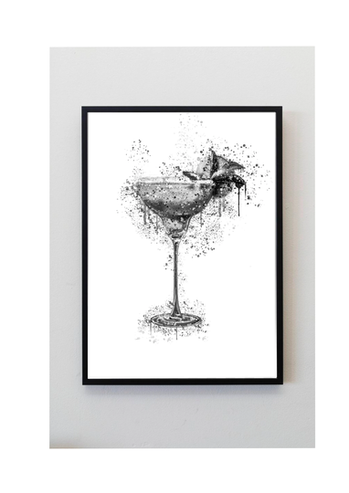 Grey, Cocktail, Glass, Splatter Art, Print, Wall Unframed