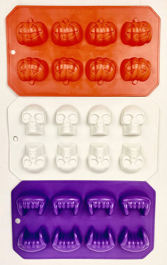 Silicone Mold Halloween Fall Themed Set Of 3 Ice Cube Trays, Candy Mold, Jello Shot Skull/Fang/Pumpkin Shapes