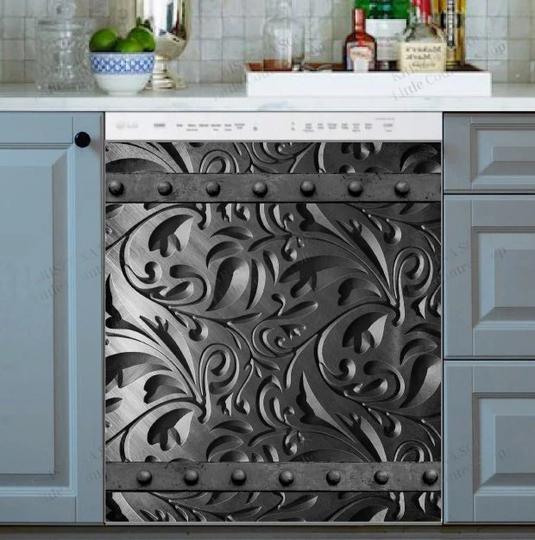Kitchen Dishwasher Magnet Cover - Engraved Dark Grey Batik Metal Design Pattern | Flat Design, Not 3D