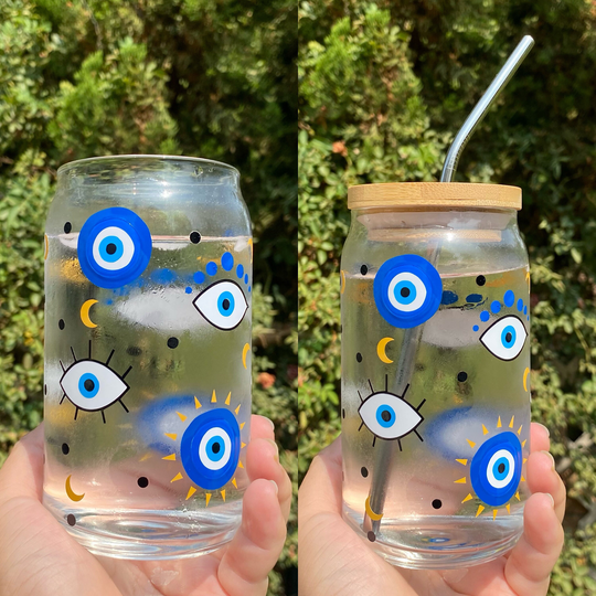 Evil Eye Beer Glass, Cup, Mal Ojo Tumbler, Superstition Iced Coffee Glass Can, Bamboo Lid, Libbey