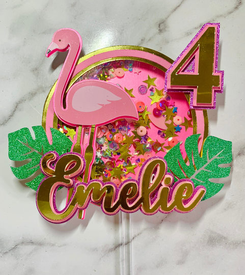 Personalised 3D 3 Layers Bespoke Flamingo Cake Topper Shaker Theme Any Name Age