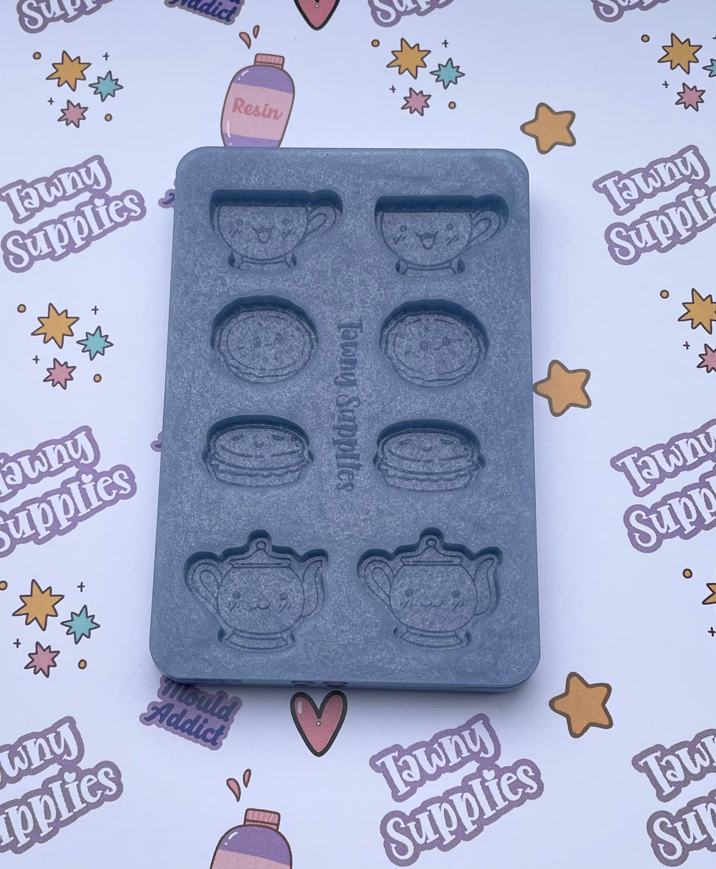 Afternoon Tea Stud Earring Pallette Mould, Kawaii Resin Mold, Craft, 3mm Thick