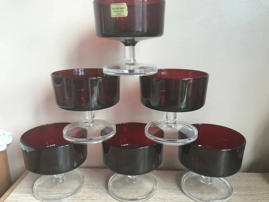 Set Of 6 Ruby Red Champagne Glasses, Luminarc French Retro Sundae Pedestal Dessert Bowls, Cocktail Glasses