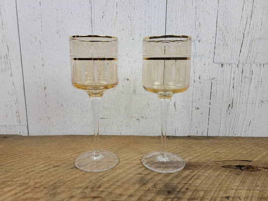 Vintage Set Of 2 Wine Glass Light Amber with Gold Stripe & Etched Pattern Footed Drinking Glasses Barware Bar Souvenir Modern Mid Century