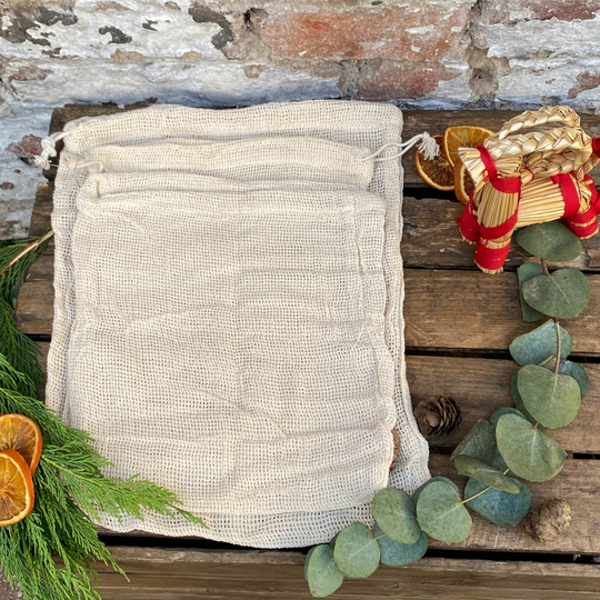 100% Cotton Mesh Fresh Food Produce Bags Set Of 3 For Fruit & Vegetables, Reusable Washable, Eco - Friendly