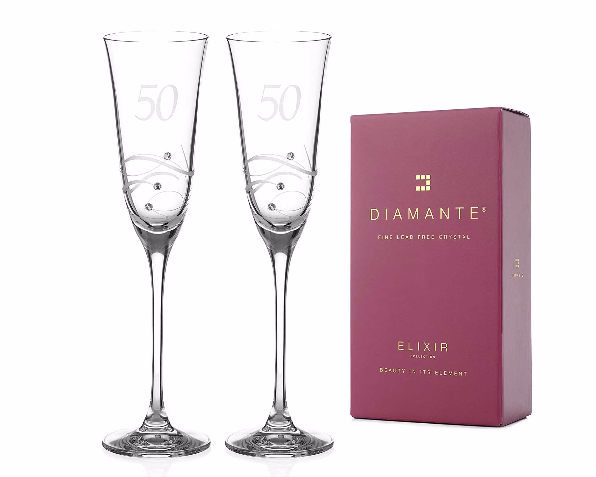 Diamante Swarovski 50Th Birthday Or Anniversary Champagne Glasses - Pair Of Crystal Flutes
