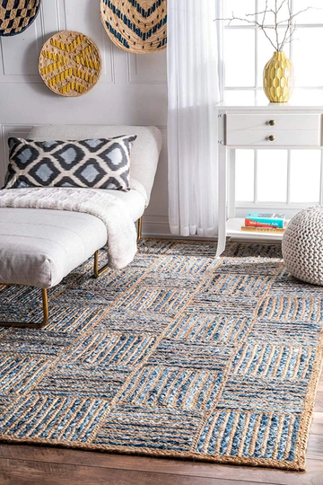 Hand Braided Denim Jute Rug Handwoven Boho Rectangle Area Rug For Bedroom Large Christmas Decor Home