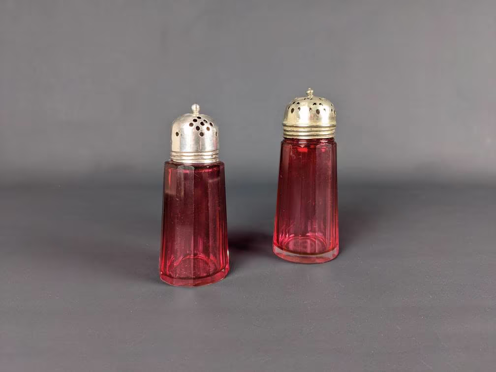 Duo Of Victorian Cranberry Pink Facet Cut Sugar Shakers, Sifters, With Epns Lids