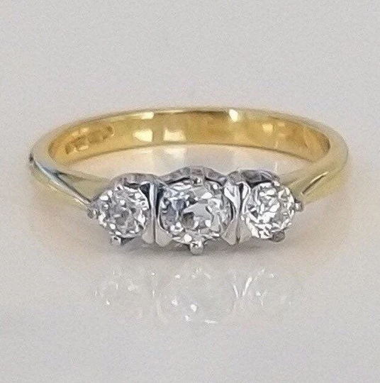 Vintage Gold 0.50Ct Diamond Three-stone Ring With Bar Setting, Bride Wedding, Engagement Present Or Anniversary Gift For Wife Girlfriend