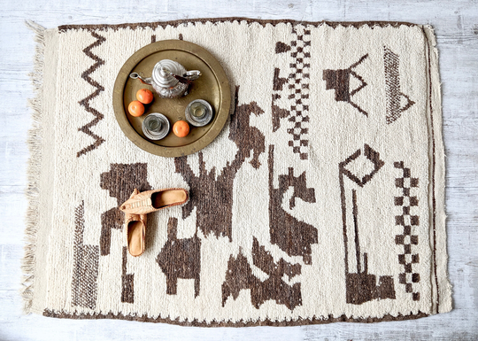 3.75' X 5' Vintage Moroccan Handknotted Azizal Wool Rug Abstract | Mid Century, Scandinavian Modern, Flokati, Minimal, Old World