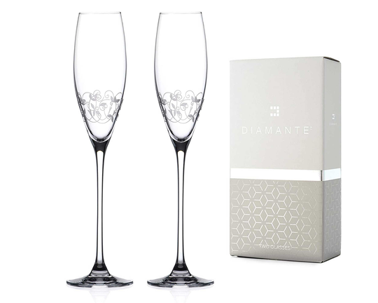 Diamante Champagne Flute Glasses Pair With Etched Design - Perfect Gift