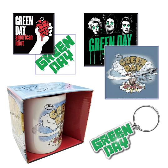Green Day Gift Set With Boxed Coffee Mug, Keychain, 2 X Fridge Magnets, Drinks Coasters