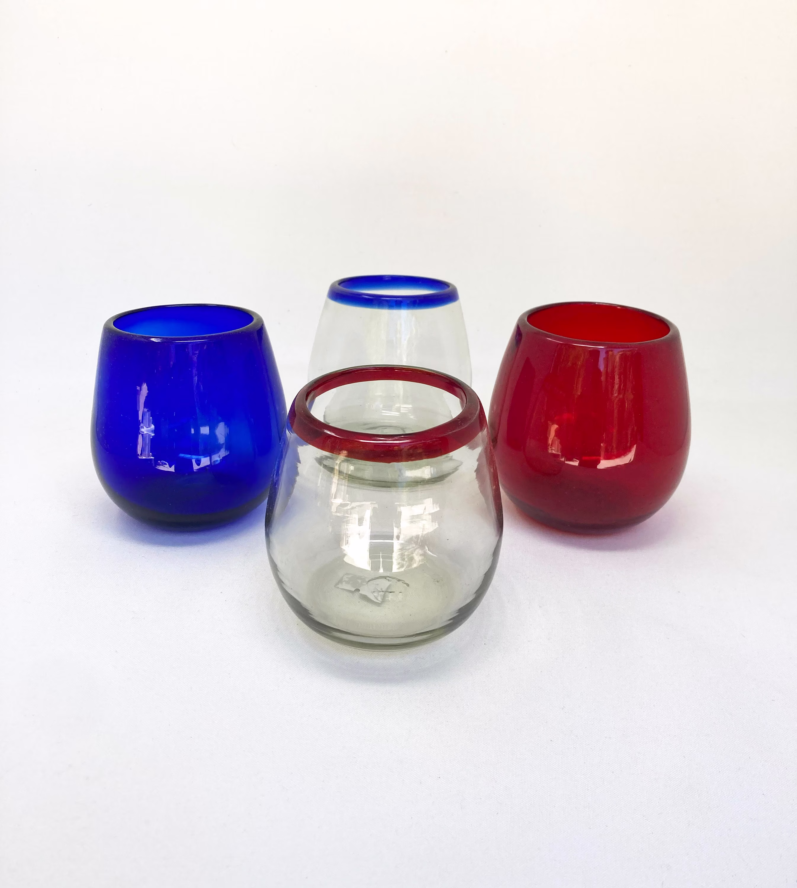 4 Hand Blown Stemless Wine Glasses - Red, Blue & You