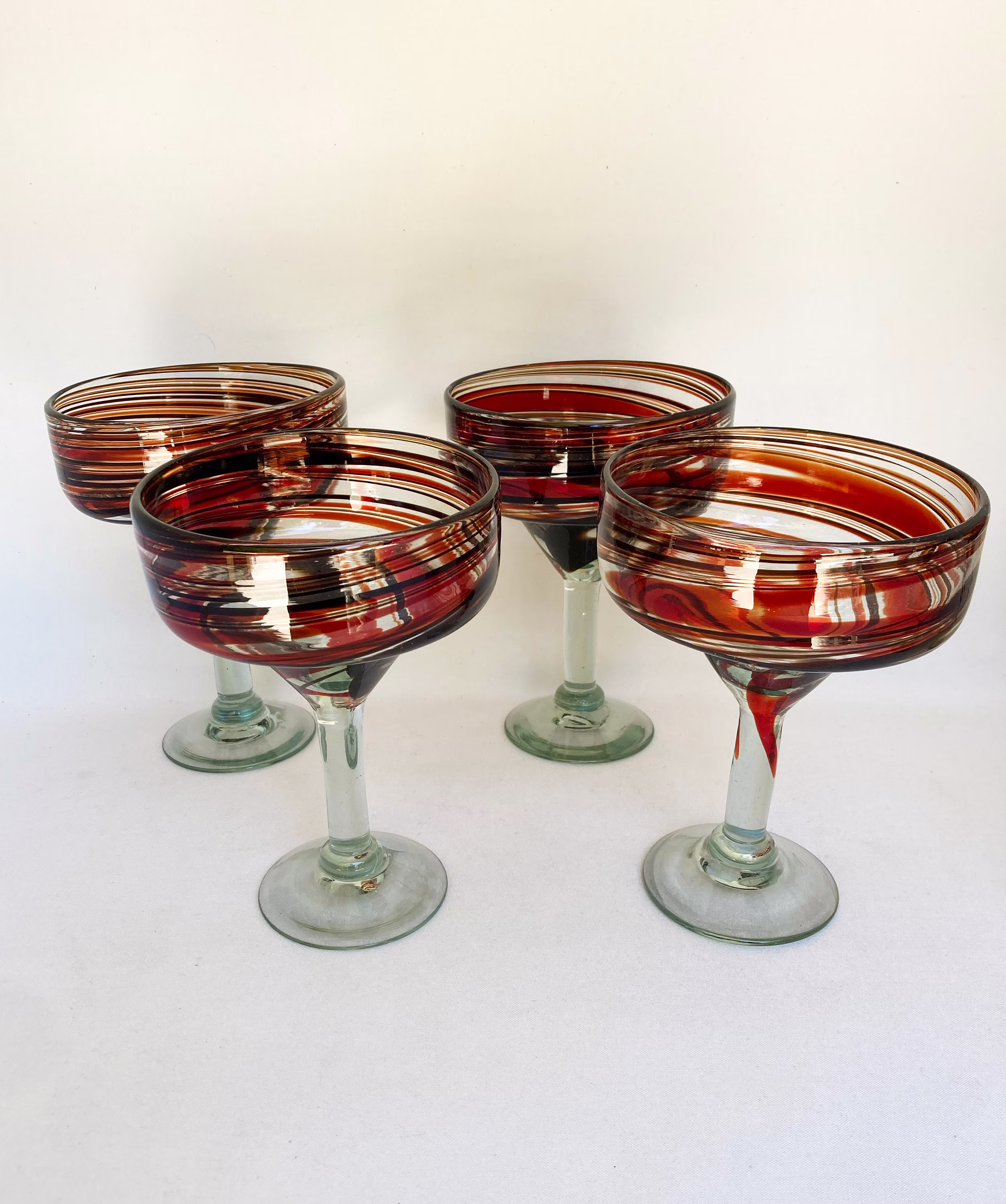 4 Hand Blown Margarita Glasses - Red/Chocolate Swirl
