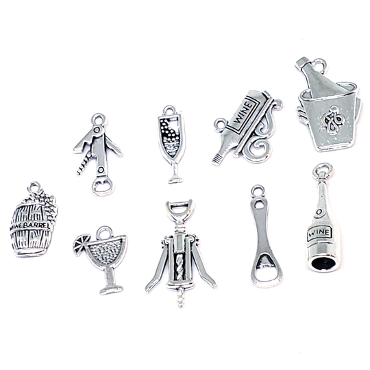 9Pcs Wine Theme Charms, Beer Barrel, Bottle Opener, Wine, Corkscrew, Bottle, Glass, Cocktail Glass Charms