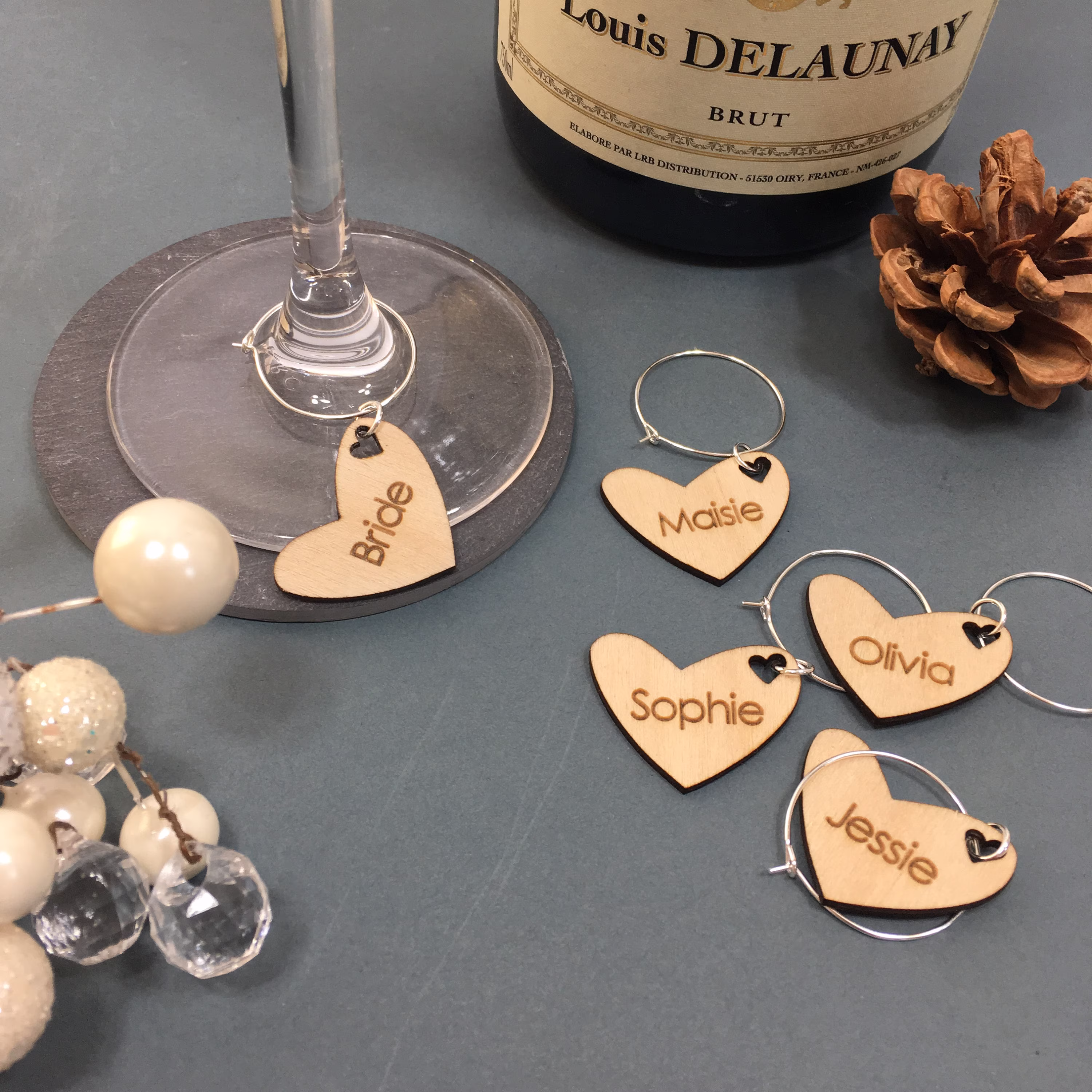Personalised Heart Shaped Wine Glass Charm, Wedding Favour Idea, Wooden Wine Glass Charms, Name Place Setting, Favours, Hen Do Charms