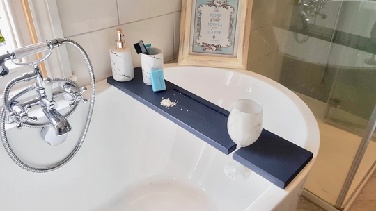Navy Blue Dark Wooden Bath Tray Rack Over The Bathtub Storage Caddy Board