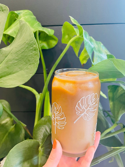 Iced Coffee Glass, Monstera Leaf, Glass Cup, Soda Can, Aesthetic Beer Cup