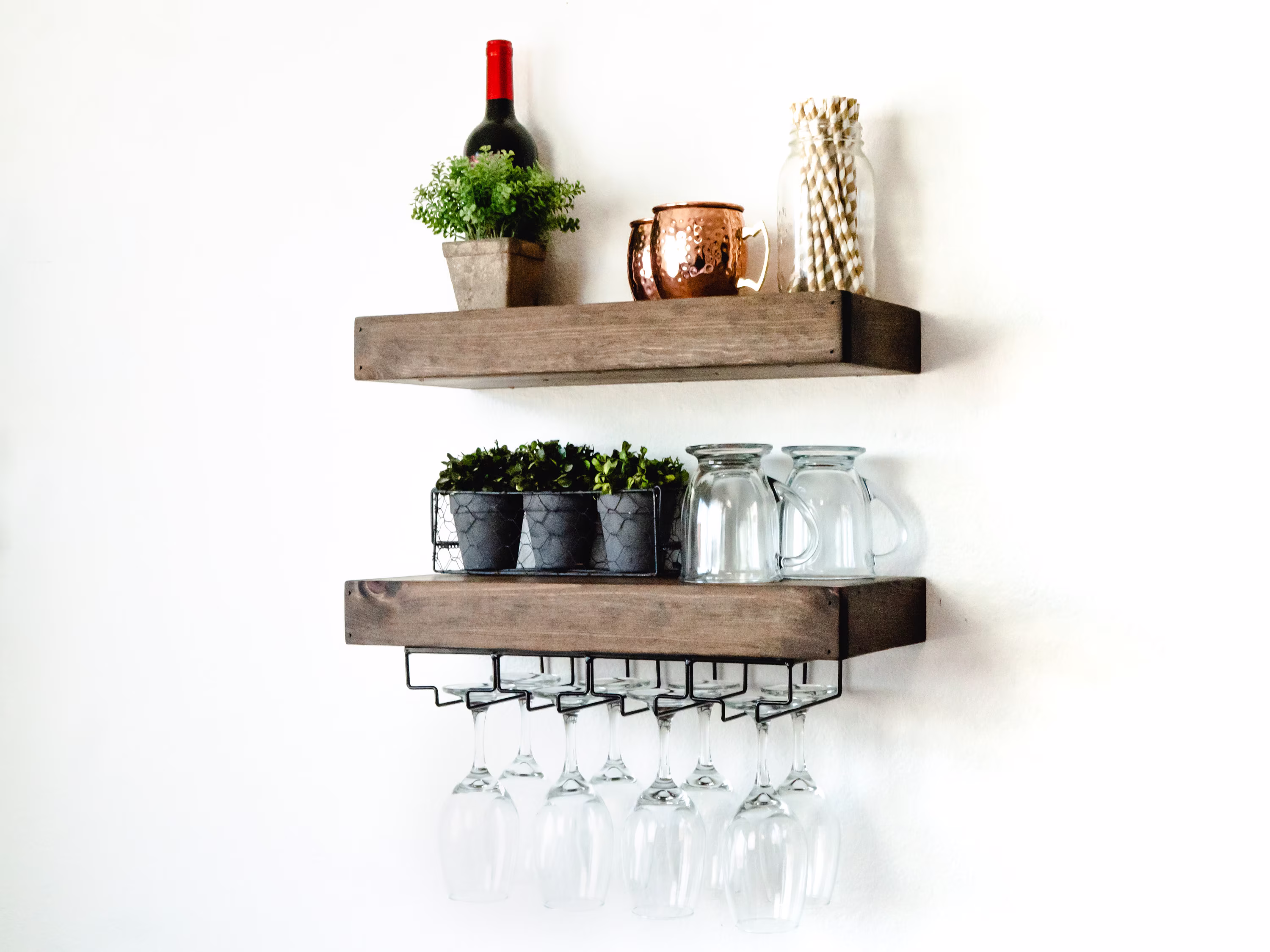 Floating Wine Rack, Glass Holder, Wood Shelf, Farmhouse, Free Shipping, Customizable, Easy Install, Custom