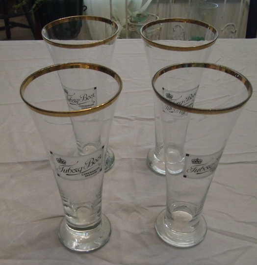 Set Of Four Vintage Clear Glass Gold Rim Beer Glasses Bar Ware Tuborg Copenhagen Denmark Made in Sweden