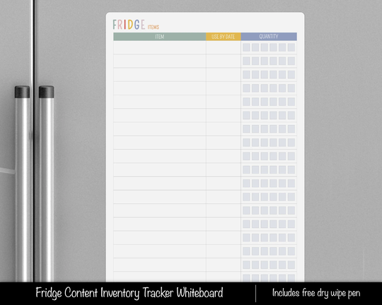 Personalised Fridge Food Stock Inventory List Dry Wipe Whiteboard, Quantity Use By Dates, Items Check