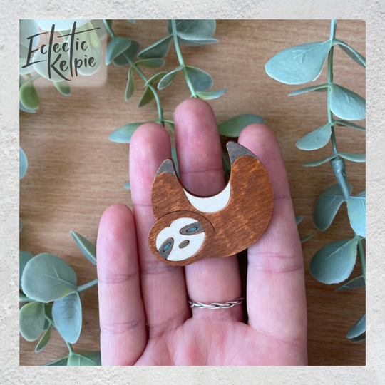 Hand-Painted Sloth Brooch/Fridge Magnet - Laser Cut Birch Wood Scarf Pin Gift/Office Organisation Cute, Contemporary & Stylised