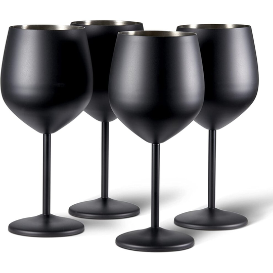 4 Black Wine Glass Gift Set - Stainless Steel Shatterproof Party Glasses, 540ml