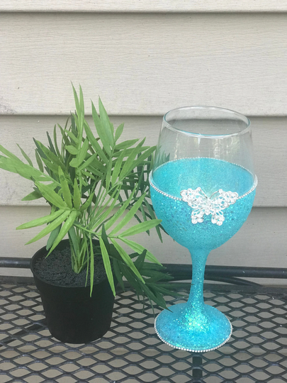 Turquoise Diamond Butterfly Wine Glass | Blue Stem Glitter Party Cocktail