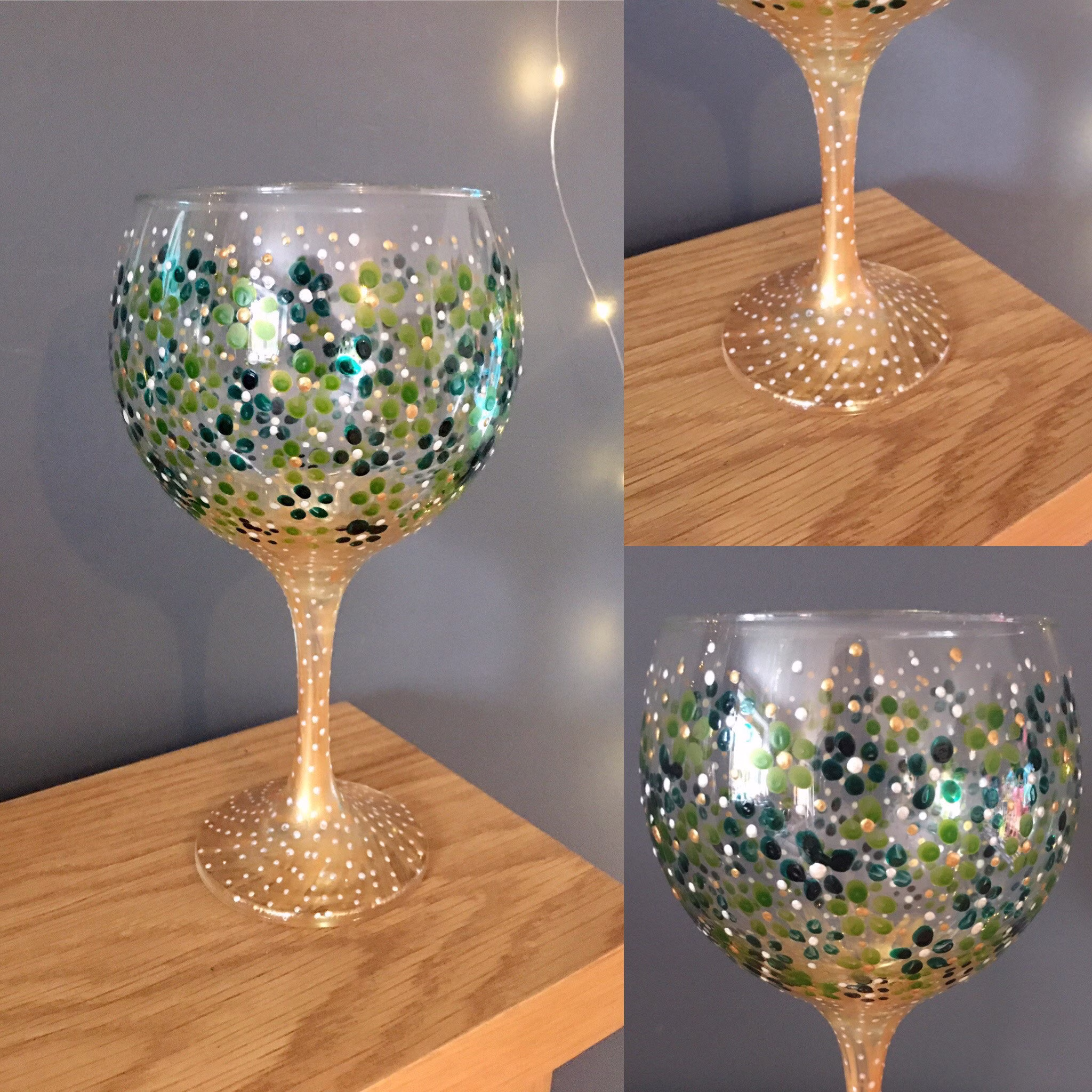 Greens & Gold. Beautiful Hand Painted Gin Balloon. Quirky Unique. Ideal Gift. Gin Glass