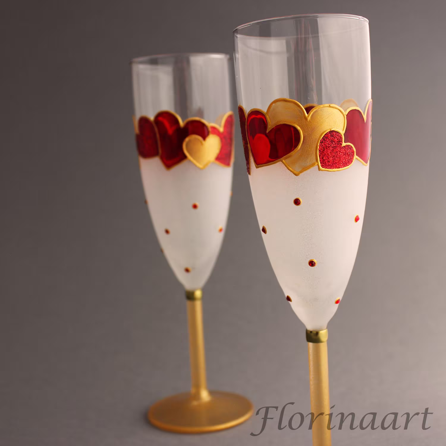 Valentine's Day Wine Glasses, Red Heart Champagne Flutes, Set Of 2 Personalized Gift Glasses