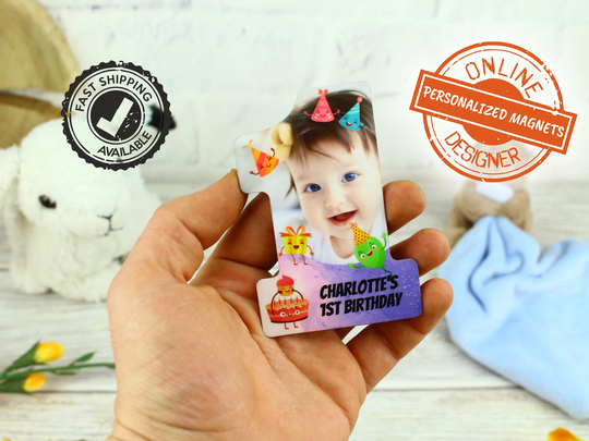 Personalized First Birthday Party Magnet Favours With Online Designer/ One Year Old Baby Onederful Photo/Custom Fridge