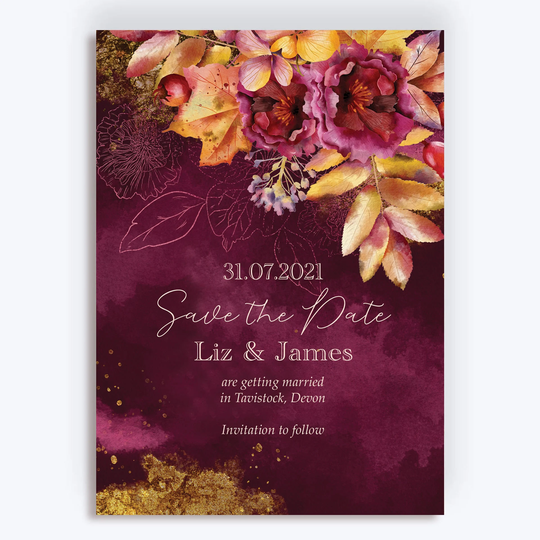 Autumn Burgundy Floral Wedding Save The Date Cards & Envelopes