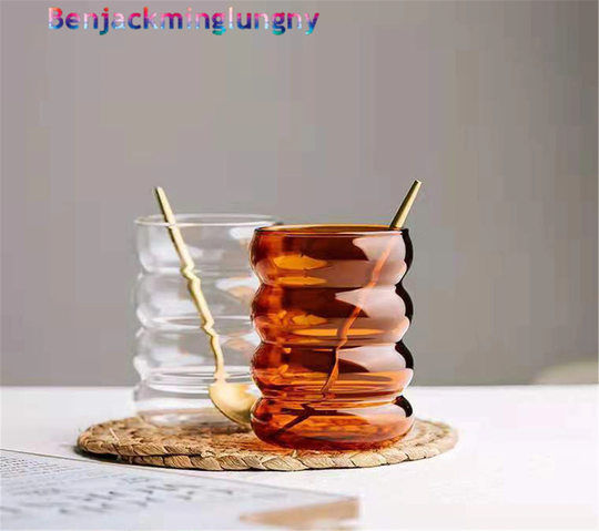 Hand Blown Colored Ripple Puffy Glass Cup, Clear Coffee Glassware, Tea Cocktail Aesthetic Drinkware