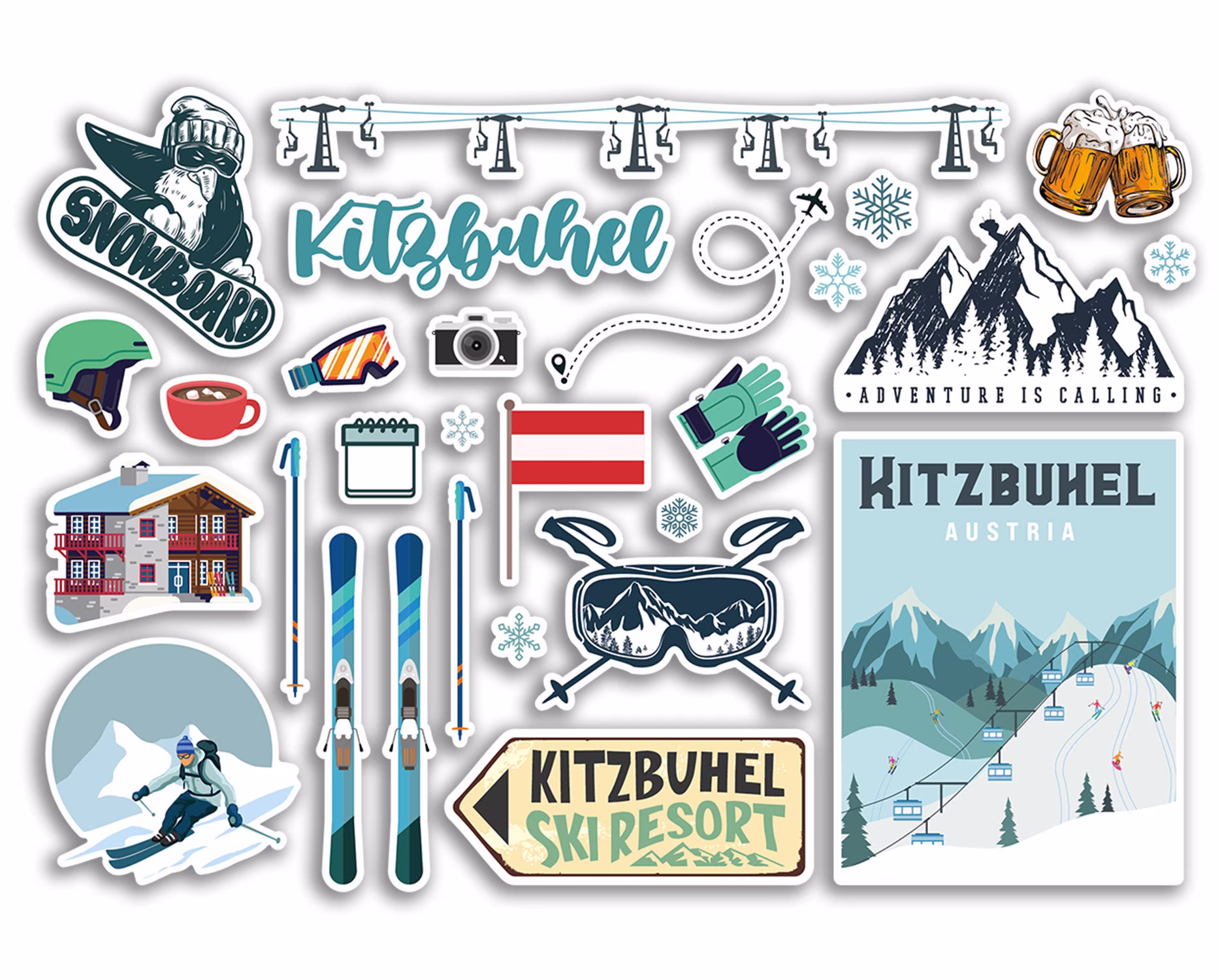 A5 Sticker Sheet Kitzbuhel Vinyl Stickers - Austria Ski Resort Mountains Holiday Snowboard Travel Winter Sports Luggage Scrapbooking #79060