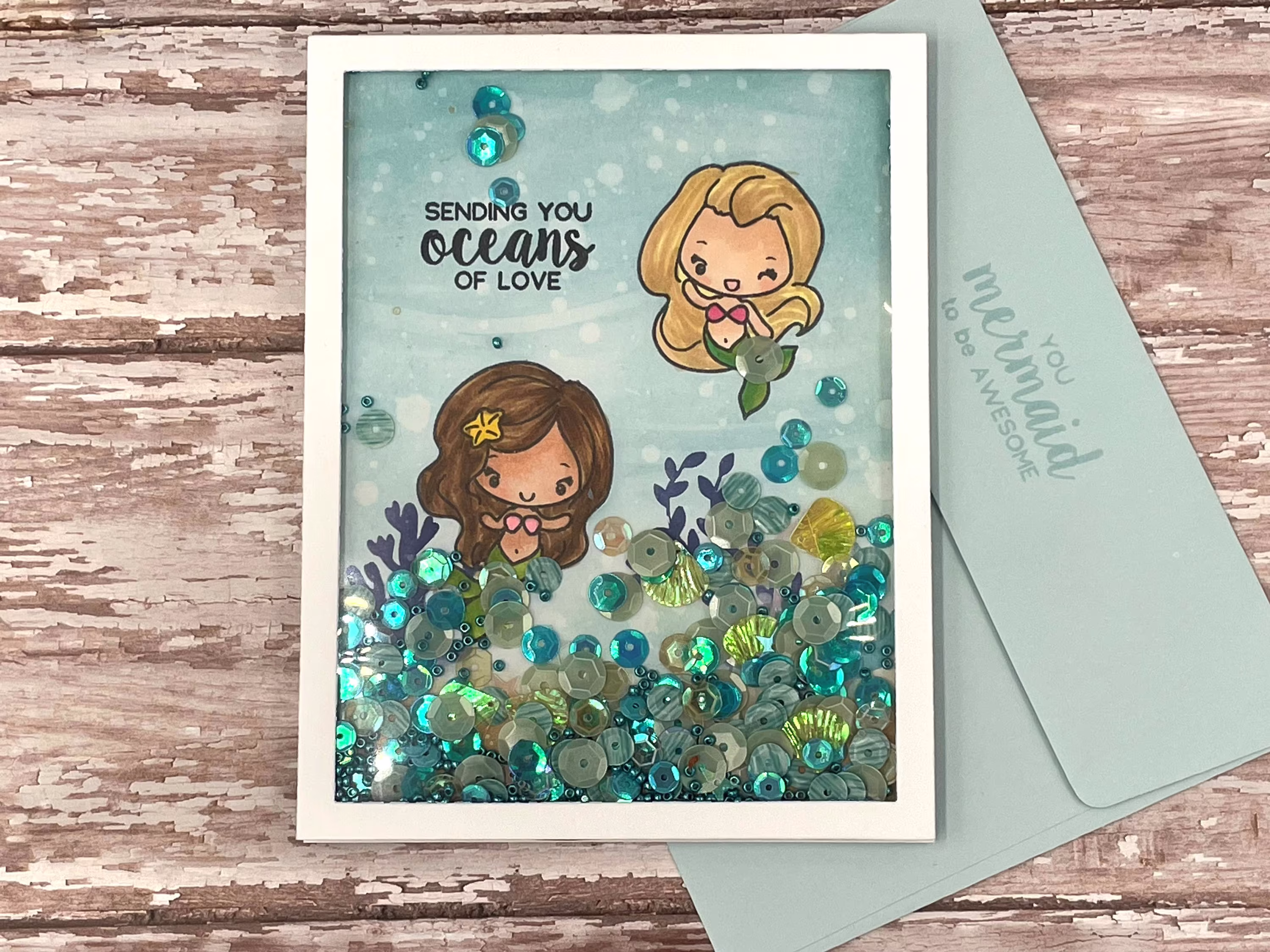 Mermaid Friends Handmade Shaker Happy Birthday Card Free Shipping