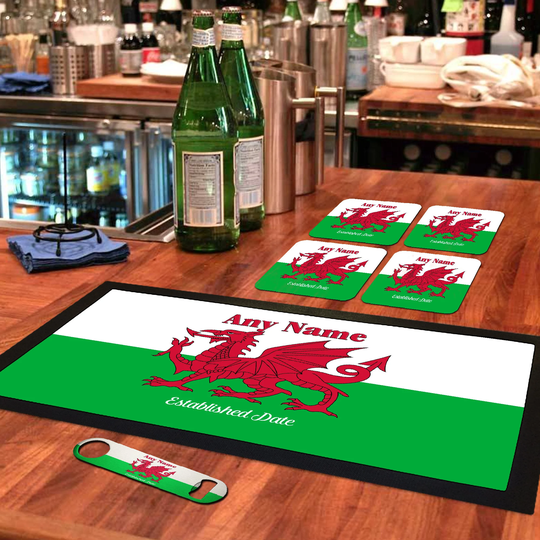 Personalised Flag Of Wales Cymru Y Ddraig Goch Red Dragon Welsh Bar Runner Mat, Bottle Opener & 4 X Drinks Coasters|Brs-A253-1|Add Text