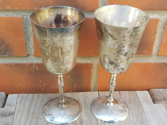 Pair Of Silver Plated Church Wine Religious Goblets Pieces Kitsch Retro 1930S 40S Items Unusual Design Piece