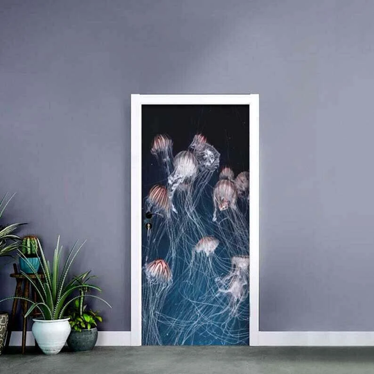 Self-Adhesive Door Wrap, Cute, Fishes, Ocean, Sea, Coral, Underwater, Water, Blue, Turquoise, Gifts, Art, 3D, Removable, Wallpaper, Wall