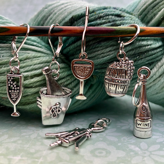 Wine Lover Stitch Markers/Progress Keepers For Knitting Or Crochet. Set Of 6 Markers in A Storage Tin, Mixed, Fixed Lobster Clasps