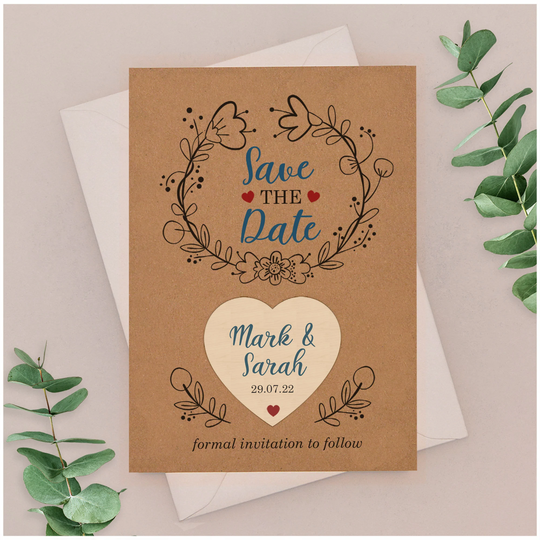 Vintage Save The Date Card - Personalised Wooden Fridge Magnets Cards & Envelopes Kraft Rustic Wood