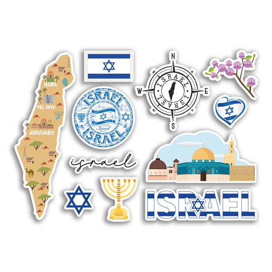 A5 Sticker Sheet Israel Landmarks Vinyl Stickers - Israeli Map Airport Stamps Skyline Flag Travel Holiday Culture City Aesthetic #78483