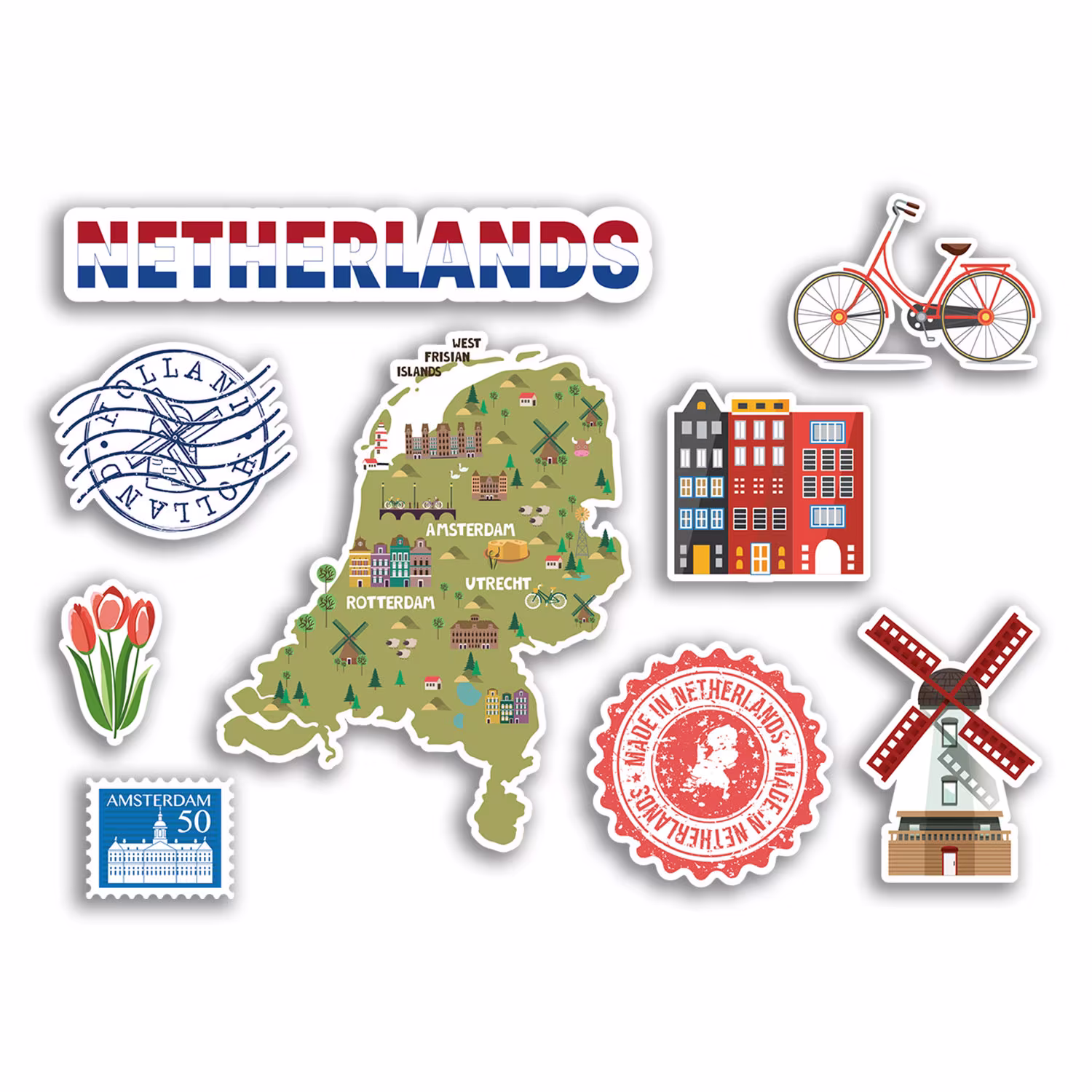 A5 Sticker Sheet Netherlands Landmarks Vinyl Stickers - Dutch Country Map Airport Stamps Skyline Flag Travel Holiday City Aesthetic #77532