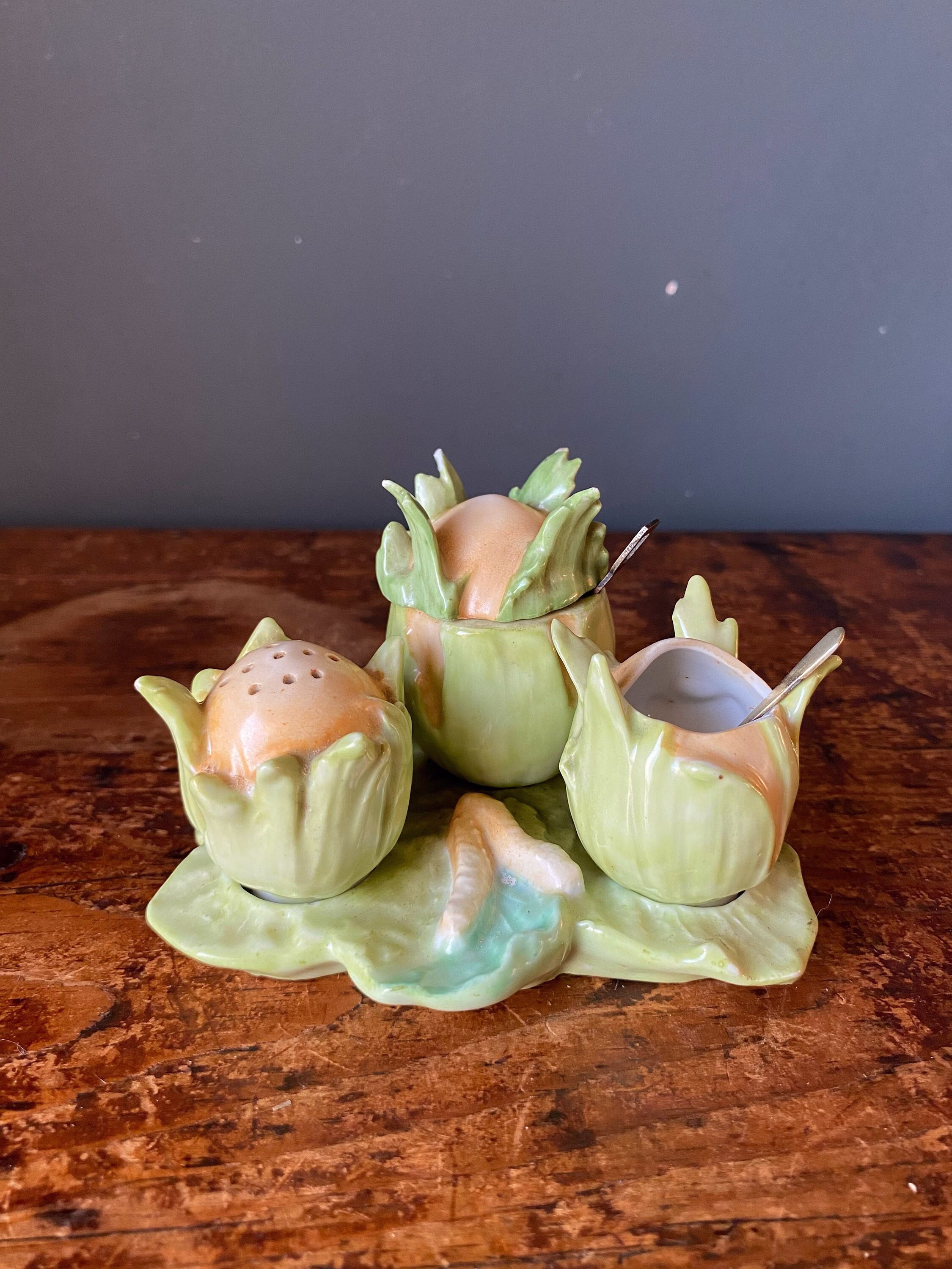 Vintage Cabbage Cruet Set On Leaf Tray With Spoons Kitsch Retro Kitchenware Green & Brown