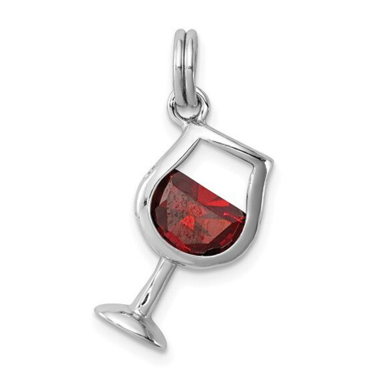 Million Charms 925 Sterling Silver Rhodium-Plated Red Cz Wine Glass Charm