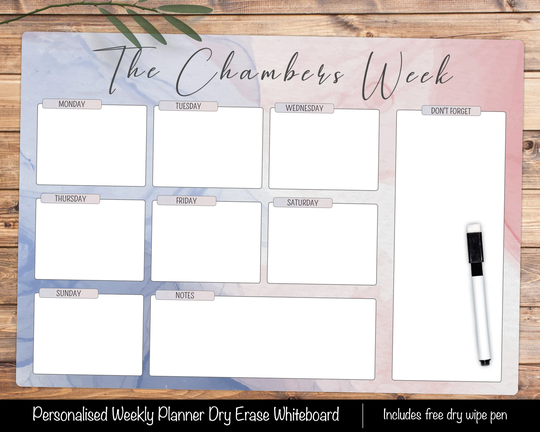Personalised Weekly Planner Whiteboard, A4 Dry Wipe Wall Organiser, Family Meal Planner, Erase White Board Command Centre