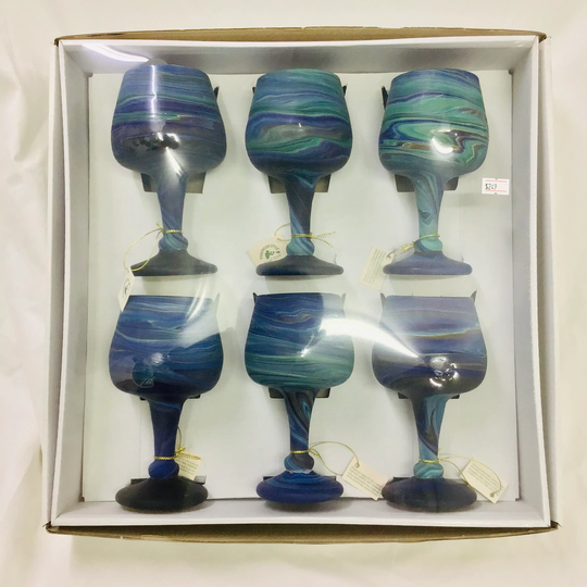 Phoenician Style Hebron Glass Wine Set - 6 Cups Blue Color Mouth Blow Technique Hand Made Unique Art Gift